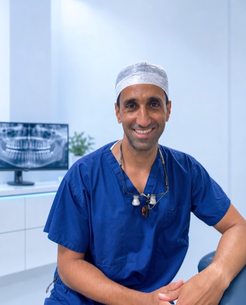 Sherif Kamel in surgical scrubs and a surgical cap, seated beside a screen showing a panoramic dental X-ray.