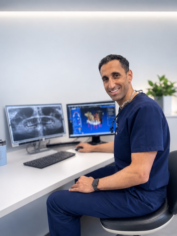 Sherif Kamel at a planning workstation, with a panoramic dental X-ray on one screen and three-dimensional implant planning software on the other.