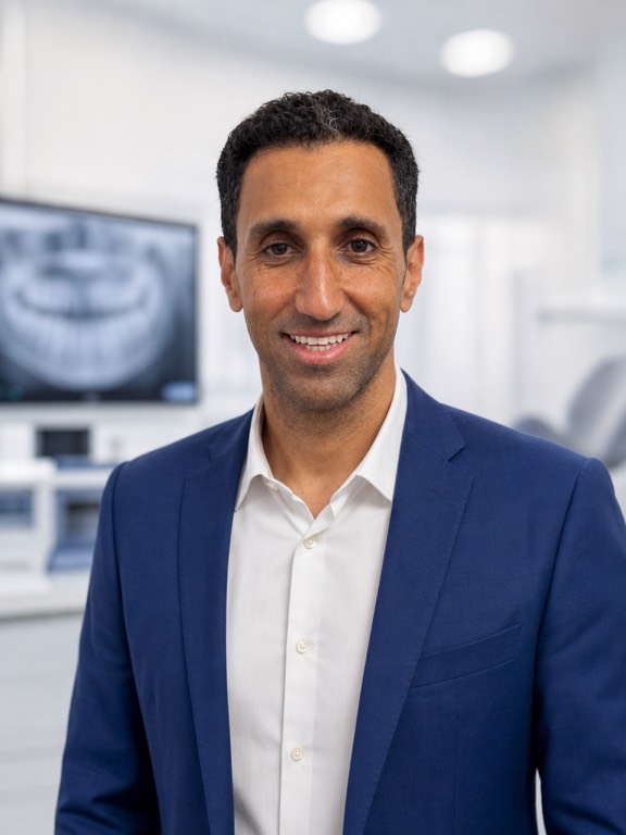 Sherif Kamel in a navy suit and white shirt, in a treatment room with a panoramic dental X-ray on the screen behind him.
