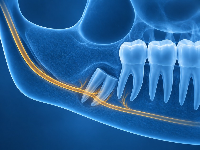 X-ray style illustration of a lower jaw after a coronectomy: the crown of the wisdom tooth has been removed and only the roots remain, left undisturbed above the inferior alveolar nerve.