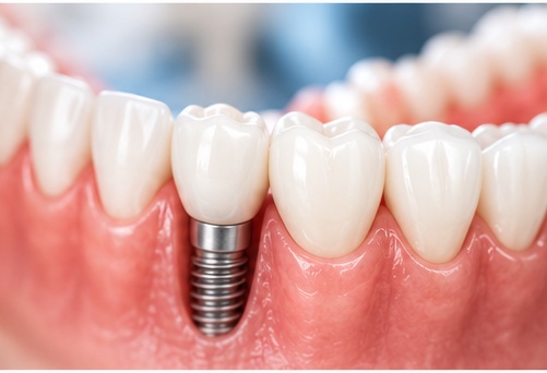 Illustration of a single implant-supported crown sitting in the lower arch between natural teeth.