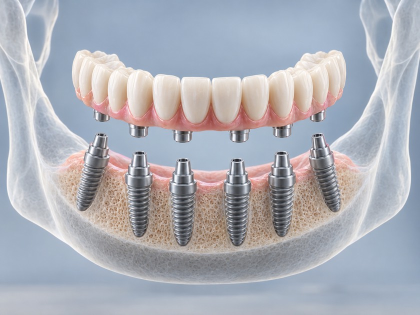 Anatomical illustration of a lower jaw with six titanium implants placed across the arch, and a full fixed bridge of teeth shown above, ready to be attached to them.
