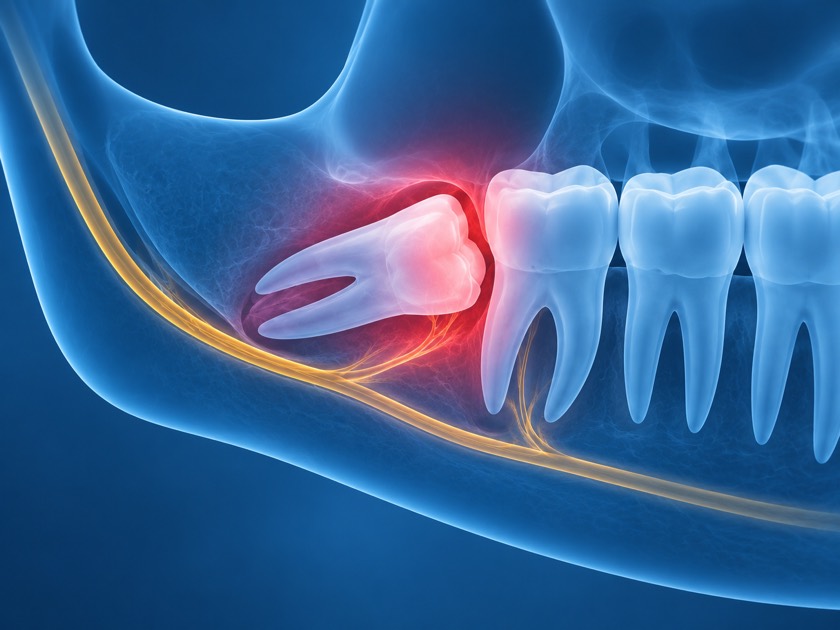 X-ray style illustration of a lower jaw with an impacted wisdom tooth lying against the molar in front, the surrounding tissue inflamed, and the inferior alveolar nerve running beneath it.