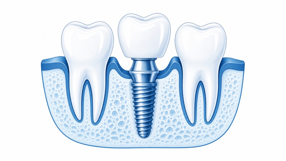 Cross-section illustration of a single dental implant: a threaded titanium fixture set in the jawbone, an abutment above it and a crown on top, with a natural tooth either side.