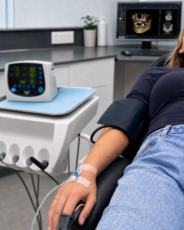 A patient reclined in a dental chair with an intravenous cannula taped to the back of her hand, a blood pressure cuff on her arm and a pulse sensor on her finger, beside a sedation monitor.