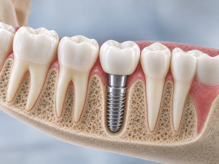 Anatomical illustration of a lower jaw in cross-section showing a single titanium implant in the bone, carrying a crown between natural teeth.