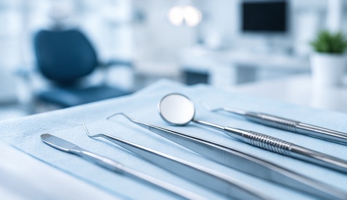 Sterile dental surgical instruments laid out on a tray in a treatment room.