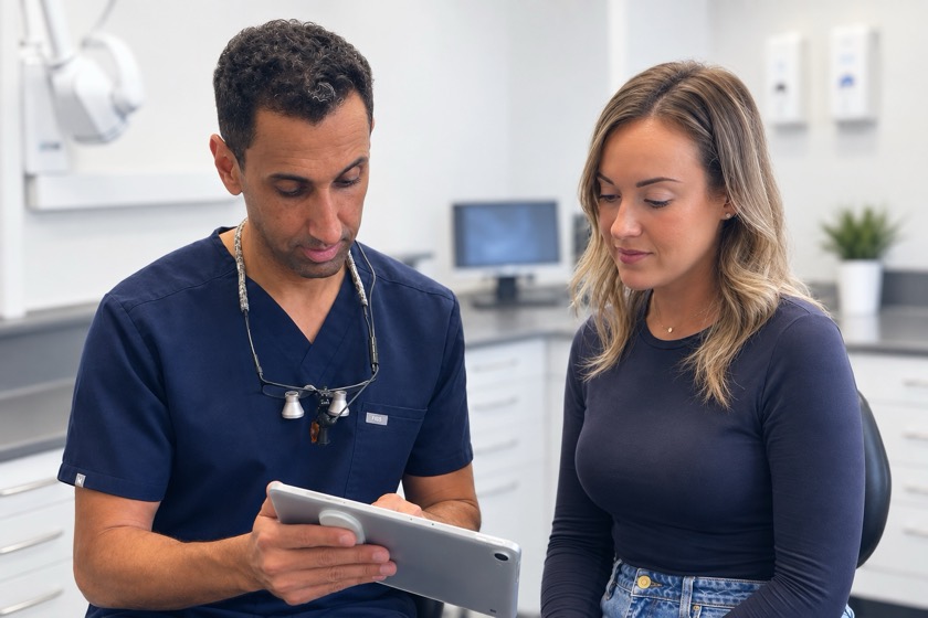 Sherif Kamel in scrubs, seated beside a patient and talking her through her treatment on a tablet.